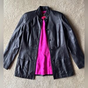 Shanghai Tang black leather jacket with vibrant pink silk lining — Size 4 / M